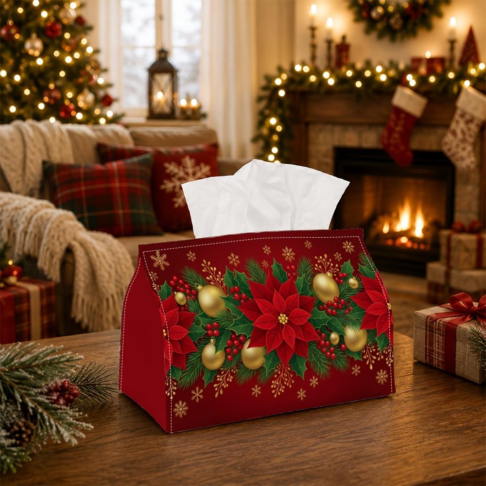 1pc Christmas Party Tissue Box, Elegant Festive, Multifunctional Tissue Holder, Poinsettia Flower Ornament Sphere, Outdoor Picnic Party Supplies, Desk