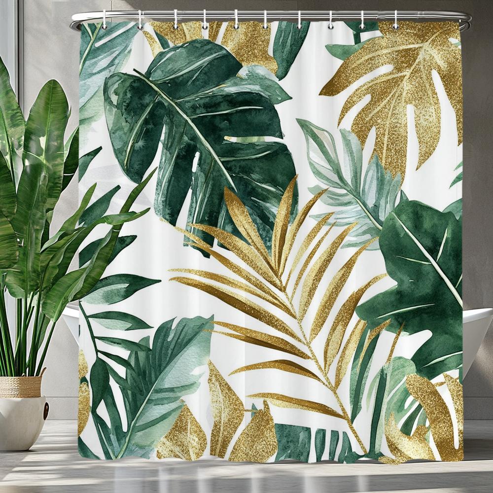 Green Leaves Monstera Plants Printed Shower Curtain Bathroom Curtain,Hanging Curtain With 12 Hooks Decoration Machine Washable