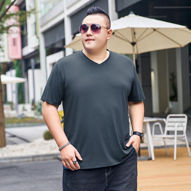 Summer Short Sleeved T-shirt for Men's V-neck Plus Size Ice Silk Solid Color T-shirt