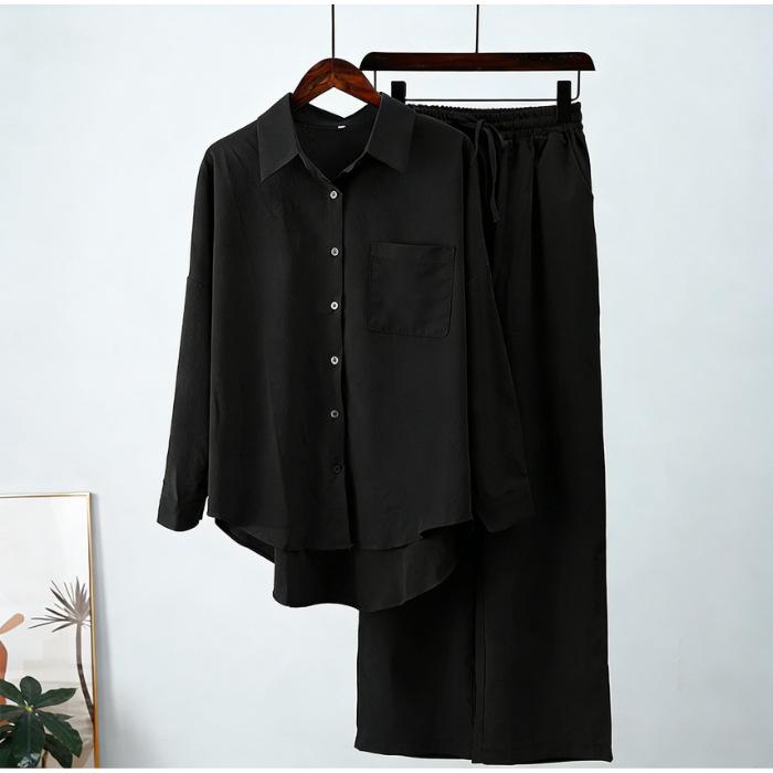 South East Asia Autumn and Winter Large Size Loose Elastic Wrinkle Long Sleeve Shirt Wide Leg Pants Fashion Casual Sports Suit