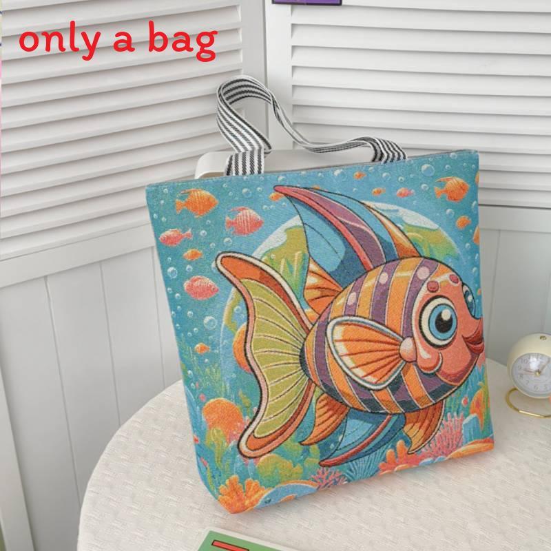 Cartoon Canvas Tote Bag Large Capacity Embroidered Floral For Casual Travel