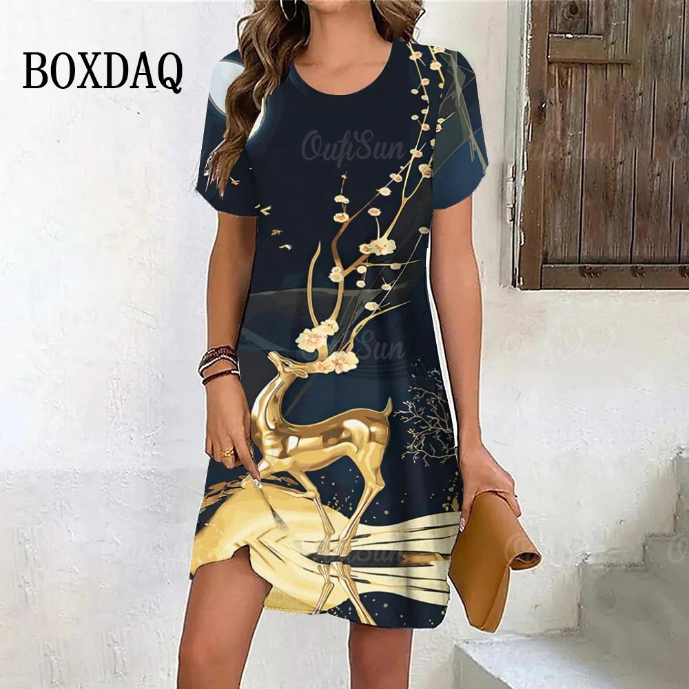 Golden Elk Print Dress Women Cute Christmas Evening Dress New Short Sleeve Sexy Dresses Fashion Party Holiday Woman Clothes