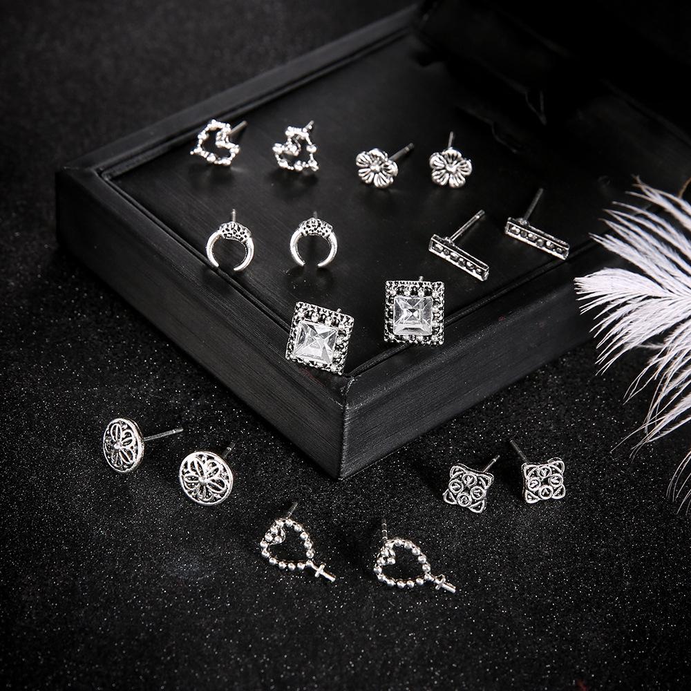 Accessories Vintage Antique Silver Love Cross Ivory Flower 8 Pair Set Stud Earrings