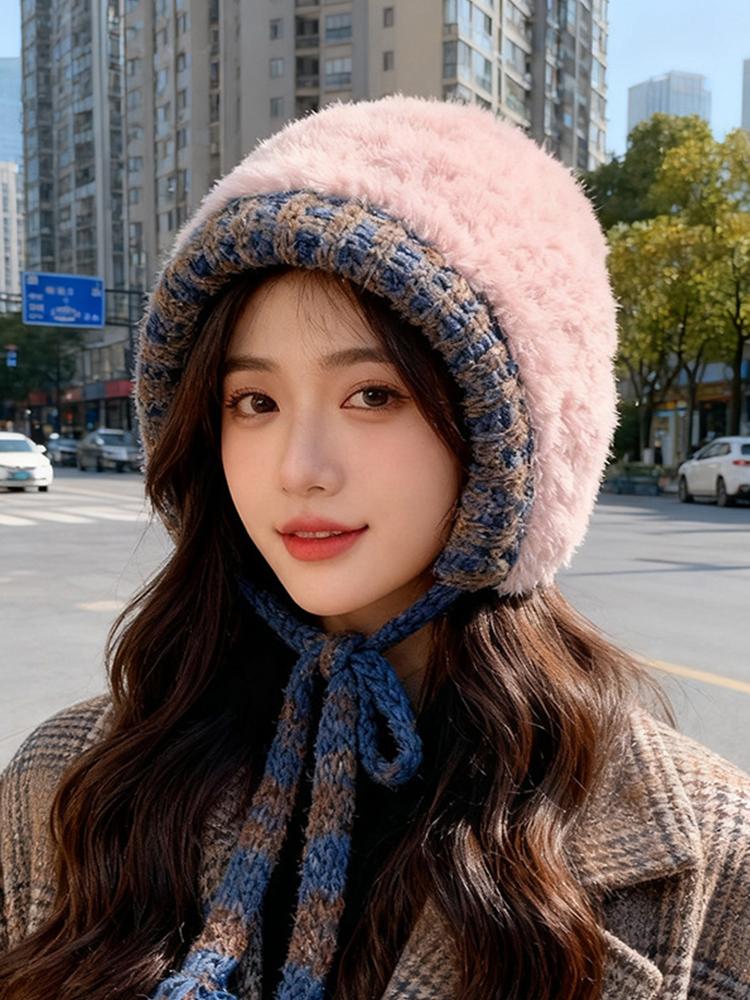 New Women'S Beige Gradient Color Knit Fur Hat Winter Warm Fashion Earflap Beanie With Lace-Up String For Ladies Sweet Casual