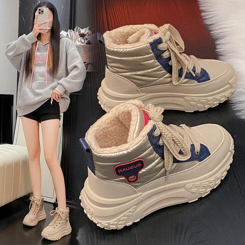 Snow boots women's winter new velvet thickened high-top thick-soled dad shoes student sports cotton shoes