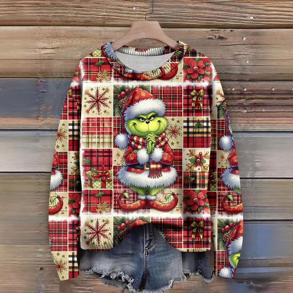 Long Sleeve Pullover Sweaters For Women O Neck Casual Cute Printing Knit Oversized Sweater