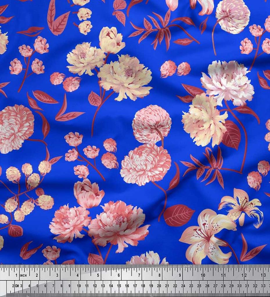Soimoi Japan Crepe Satin Fabric Leaves,Peony & Dahlia Flower Printed Fabric 1 Metre 42 Inch
