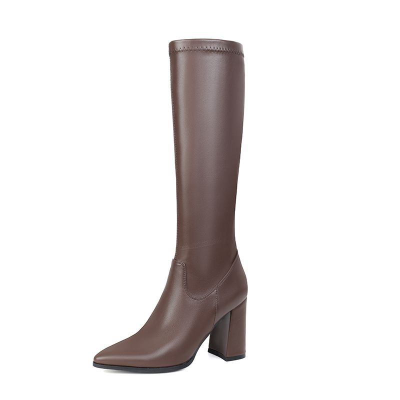 

2025 Сексуальные женские ботфорты до колена, острый носок, блочный каблук 9 см, молния, большой размер 41 42 43, модные ботильоны для свиданий и вечеринок 39 коричневый