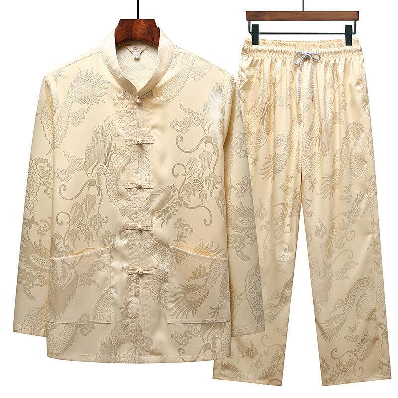 Spring/Autumn Men's Lightweight Ice Silk Tang Suit Set Long Sleeve for Middle-aged and Elderly Fathers