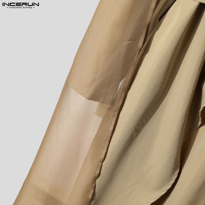 INCERUN Herren Langarm Gürtel Mesh Patchwork Unregelmäßig Lässig Dünne Lange Mäntel