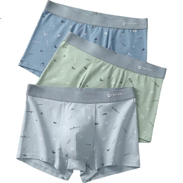 Fenteng Men's Underwear, 7A Antibacterial, 3-Pack, Pure Cotton Printed Breathable Mid-Rise Boxer Briefs