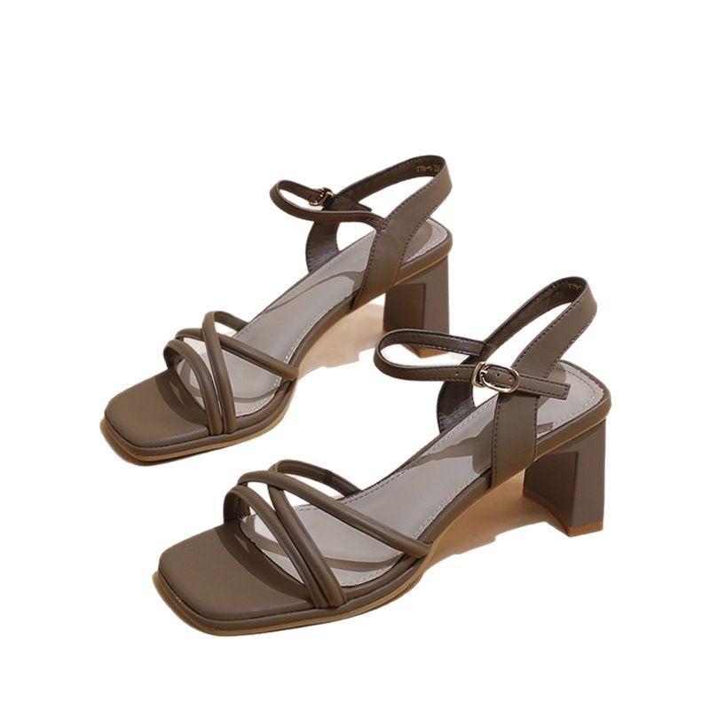 Temperament Thick Heel High Heels Women's White with Skirt One-word Buckle Sandals Women's Spring and Summer Middle Heel New Models
