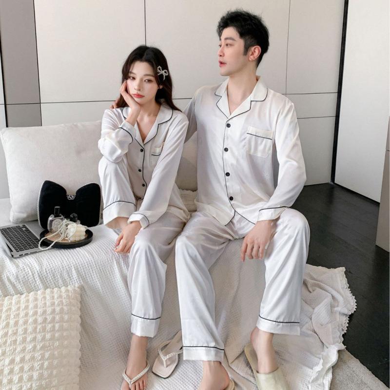 Pajamas women's suit spring and autumn long-sleeved new couple ice silk loungewear high-end light luxury sun and moon jacquard men's models