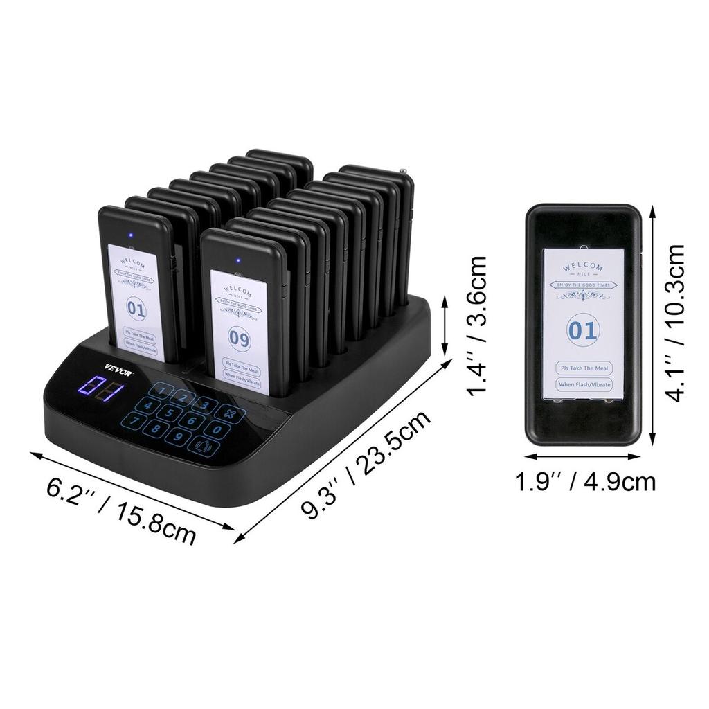 Restaurant-Pager 16 Untersetzer Paging-System Max. 98 Kinderbetreuungs-Pager Kabelloses Paging Warteschlangen-Rufsystem Touchscreen mit Vibration, Blinken und