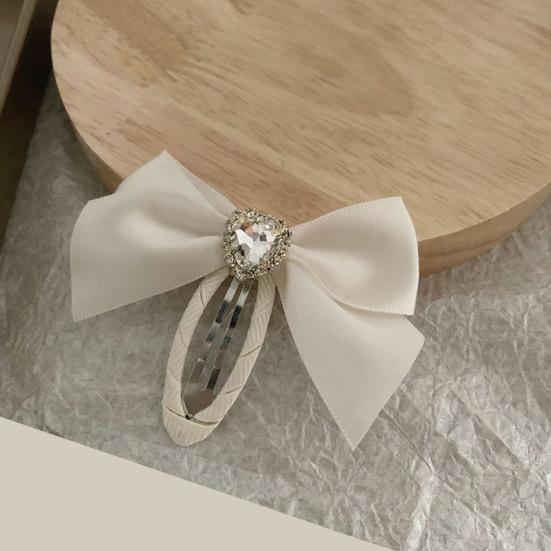 Women Hairpin Smooth Edges Smooth Satin Ribbon Bow Sparkling Rhinestone Rounded BB Clip Hair Accessory