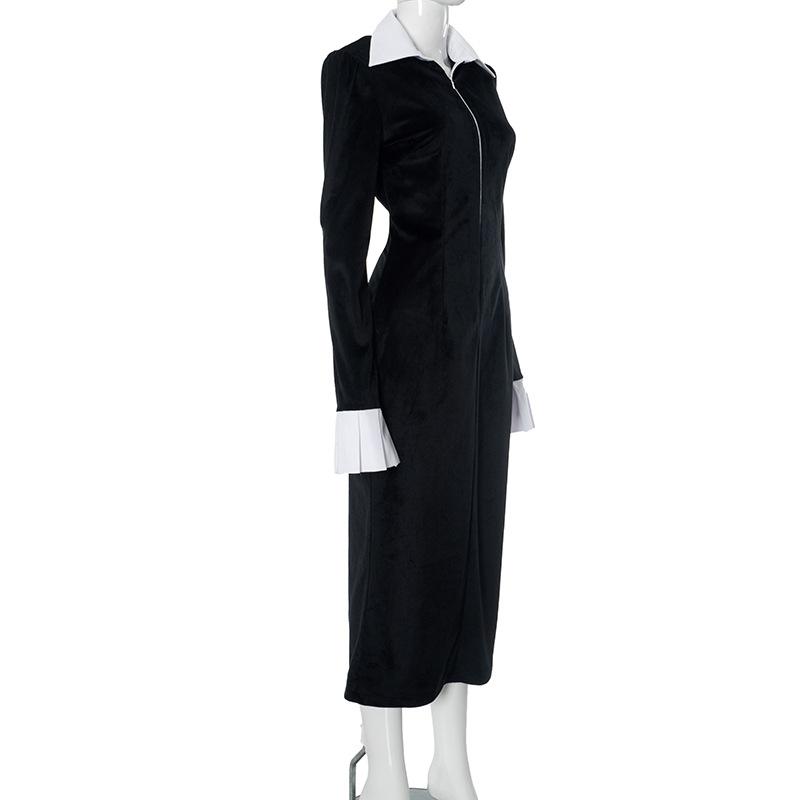 Women's Temperament Commuter Lapel Flared Long Sleeve Black and White Color Clash Long Dress