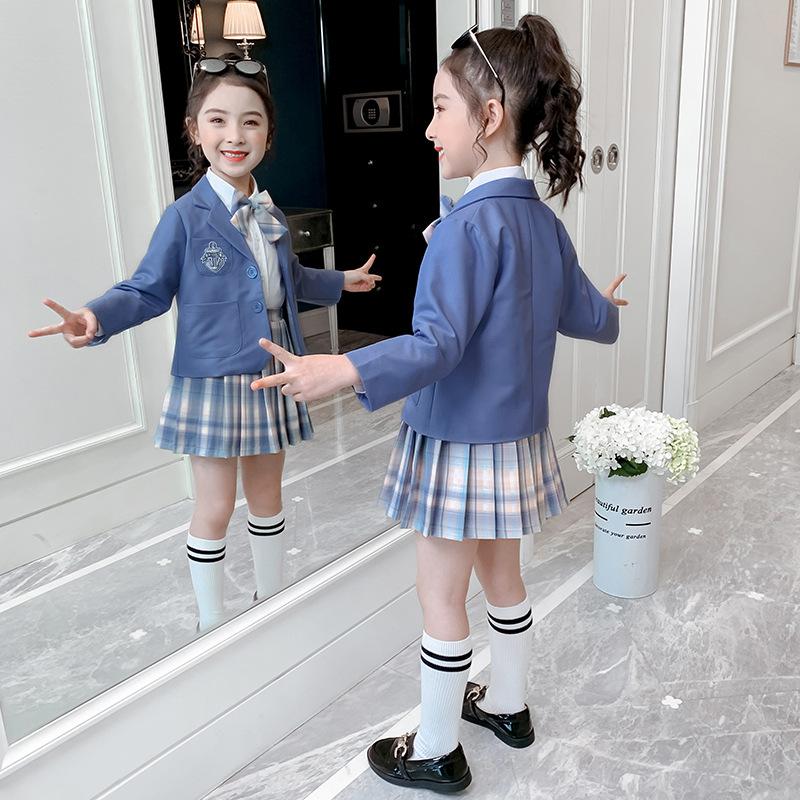 Girls School Uniform Costume Cosplay Plaid Skirt Suit Coat + Shirt + Skirt 3 Piece Set