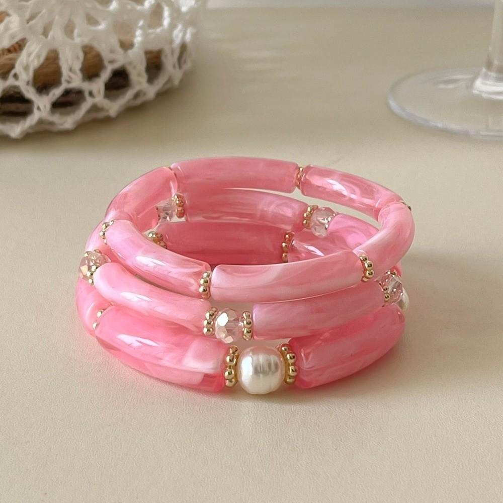 3Pcs/Set Multicolour Beads Resin Bracelet Punk Cuff Bracelet Set New Bamboo Pipe Bangles Gifts розовый
