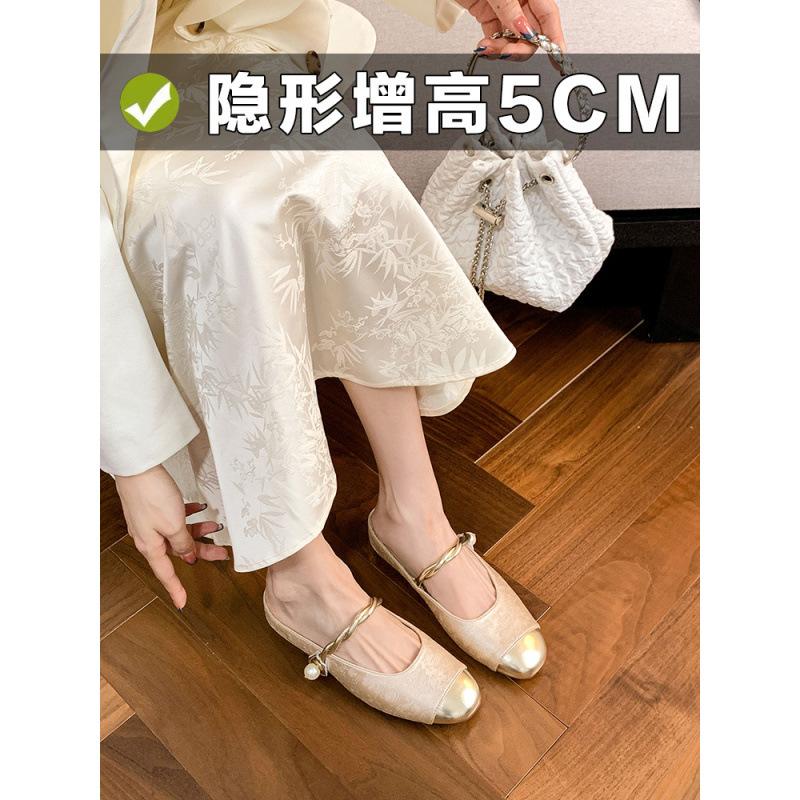New Trendy with Round Head Low Heel with Shallow Mouth Inner Height Increase Half Tray Sandals Women