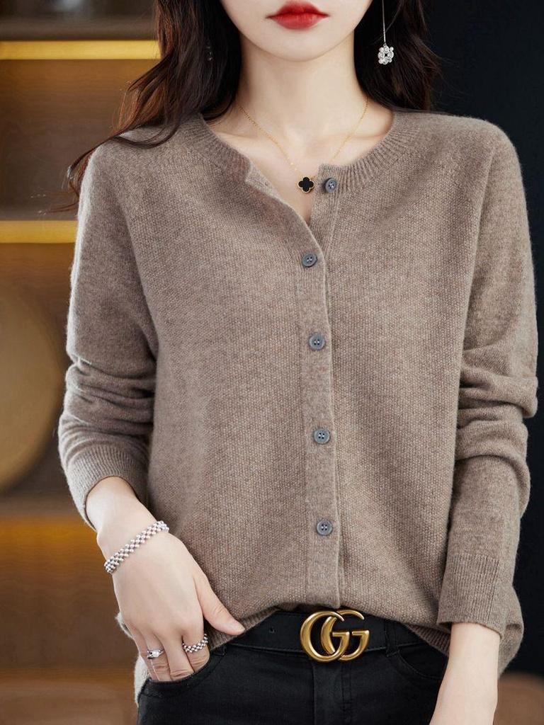 Women's Round Neck Knit Cardigan - Korean Style Loose Sweater, Garter Stitch Outerwear for Spring and Autumn