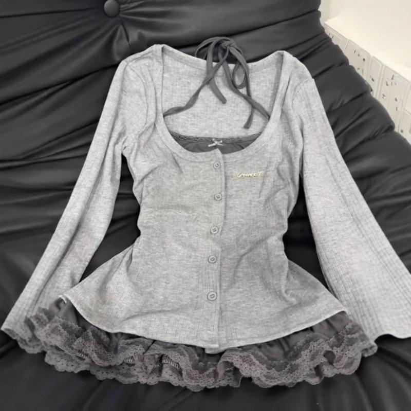 Fake Two-piece T-shirt Women's Spring Slim-fitting Design Lace Splicing Long-sleeved Top