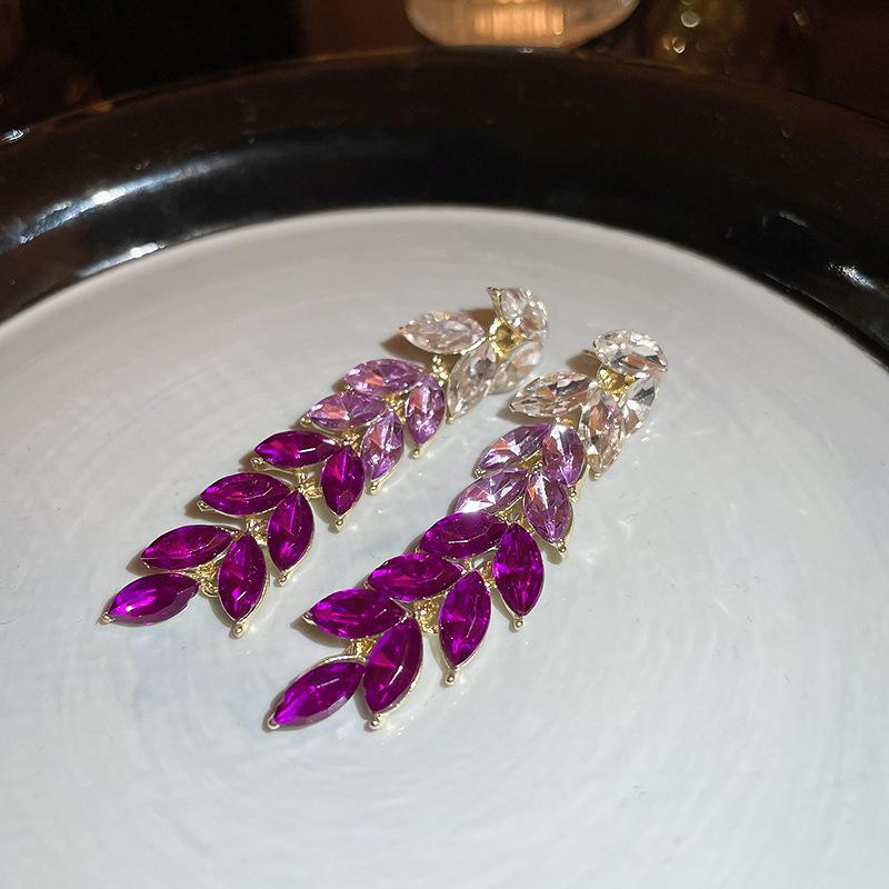 Øredobber med strass i koreansk stil, lilla krystallblad-dangle-øredobber for kvinner, zirkon