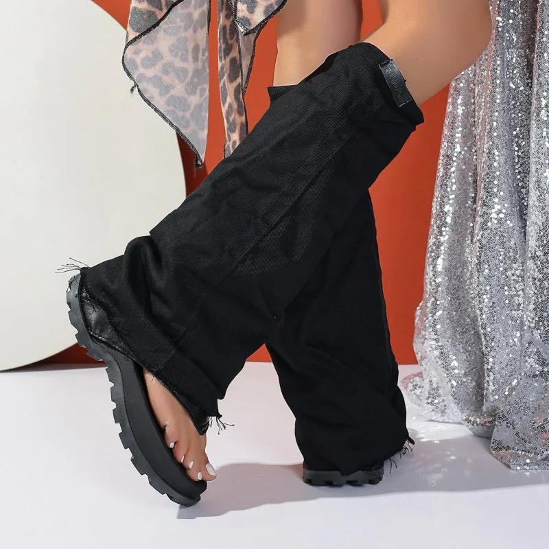 Fashion Denim Women's Knee-High Cool Boots Summer Peep Toe Flip Flops Side Zipper Thick Soled Black Pants Sandals Ladies Shoes