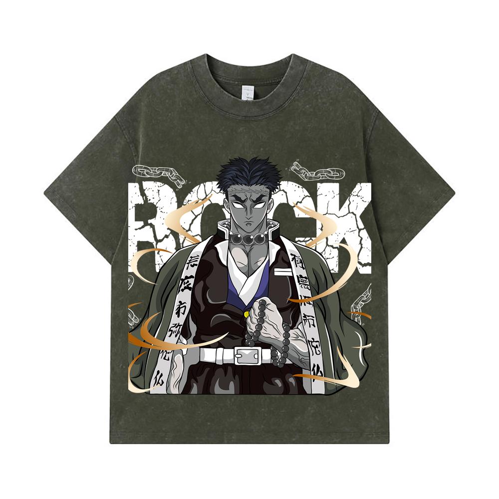 

275 GSM Washed T-shirts 100% Cotton Demon Slayer V112 Gyomei Print Unisex Heavy Cotton T Shirt S армия зеленый