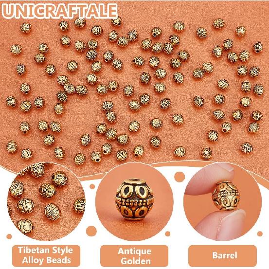 UNICRAFTALE About 100Pcs Tibetan Barrel Beads 7mm Antique Gold Beads Rondelle Spacer Beads with Large Hole Beading Bracelet Making Beads for Bracelet