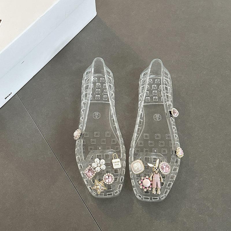 Korean Version Design Square Head Hollow Flat Sandals Women's Summer Fashion Versatile Exquisite Crystal Shoes Beach Shoes Single Shoes