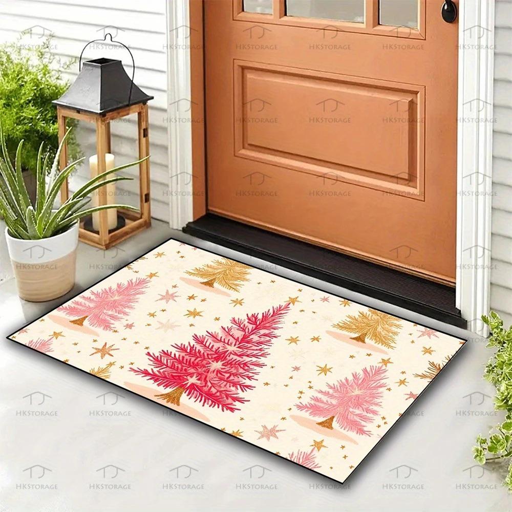 Pink Christmas Tree Happy Non-slip Doormat Indoor and Outdoor Front and Back Door Welcome Mat Winter Doormat