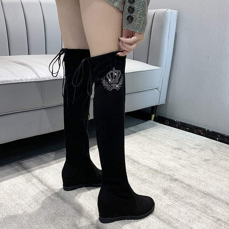 Over Knee Boots Women's Skinny Winter Fleece Elastic Boots Tall Boots Rhinestone Heel Inner Height Increasing Suede Boots