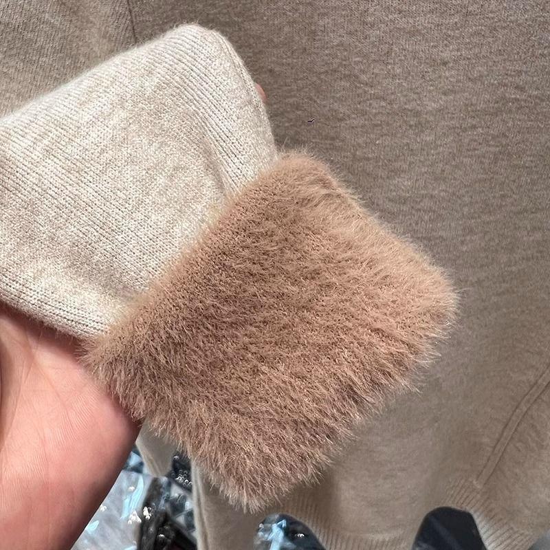 Vintage Fleece Thickened Turtleneck Sweater Women's Autumn Winter Solid Design Fashion Warmth Integrated Velvet Inner Pullover Base Tops