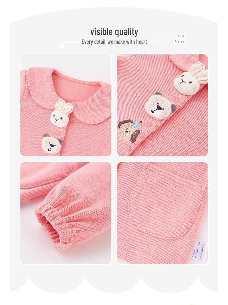 2025 Girls' Korean Style Peter Pan Collar Cardigan - Fashionable Spring/Autumn Baby Outerwear Top Set
