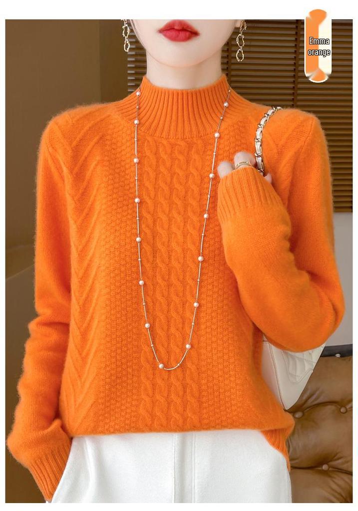 Women's Age-Reducing Loose Pure Wool Sweater, Half-High Collar, Thickened Knit Top for Autumn/Winter.