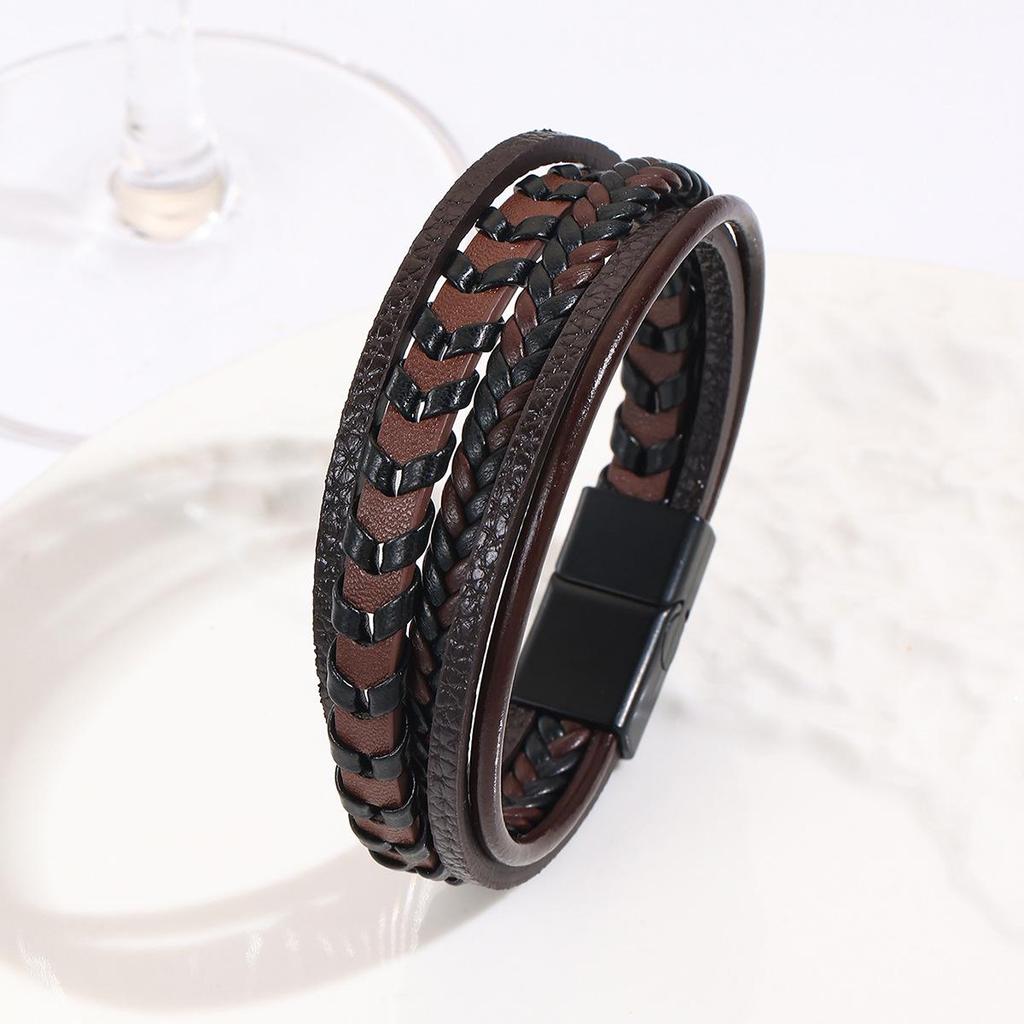 Bracciale da uomo in pelle multistrato retrò con bracciale aperto in lega