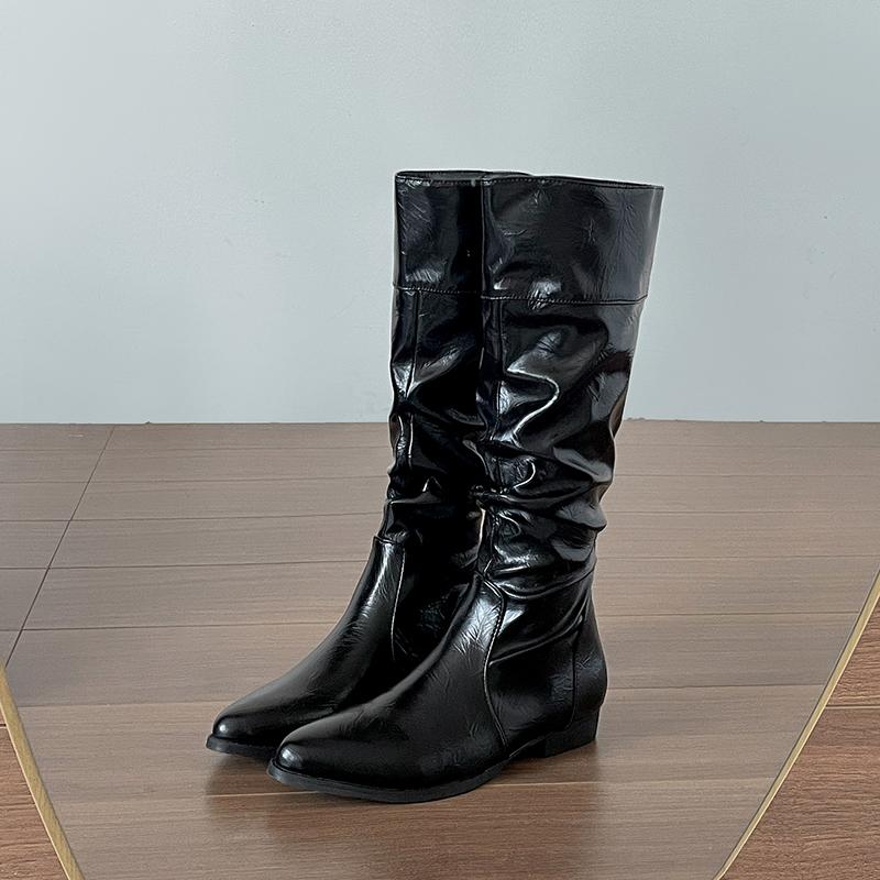 Fashion Vintage Slip On Pointed Toe Women Knee High Boots Cosy Soft Leather Long Booties Street Style Low Heel Shoes Zapatos De Mujer