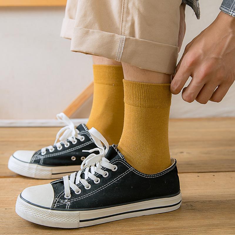 5-Pack Men's Mid-Calf Cotton Socks - Spring & Autumn Collection, Versatile Solid Colors, Breathable & Casual.