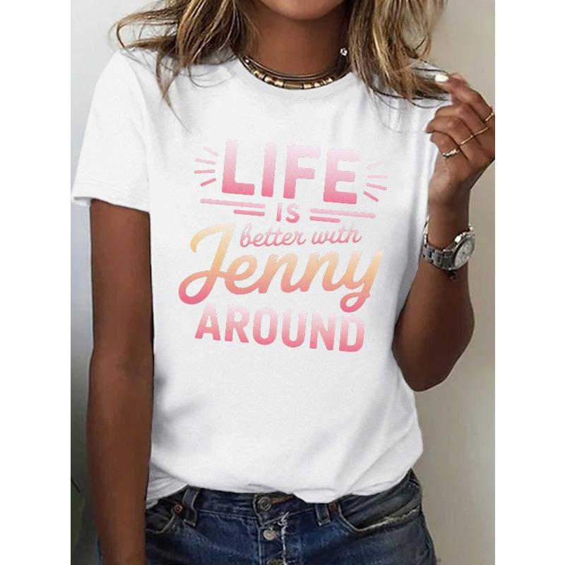

Европейские размеры Женская футболка Life Is Better with Jenny - Белая, с коротким рукавом, повседневный топ с принтом-слоганом розового и бежевого цвета, удобный крой, круглый вырез S белый