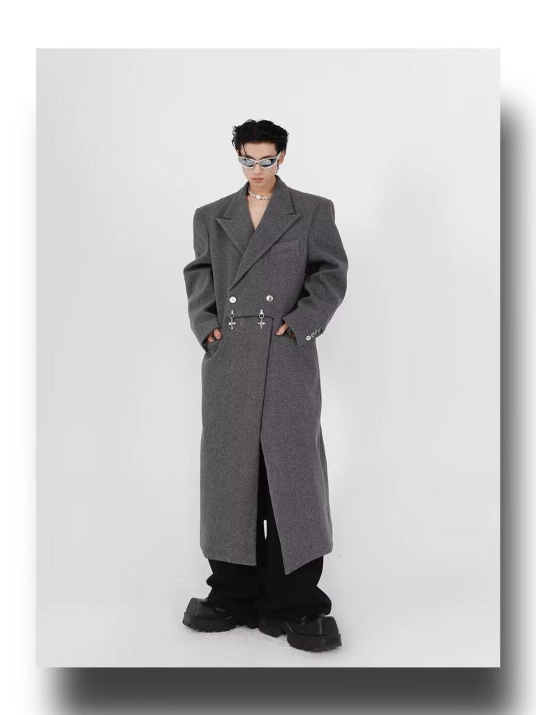 2025 Autumn Men's Plus Size Loose Wool Trench Coat with British Metal Detailing - Trendy Hong Kong Style
