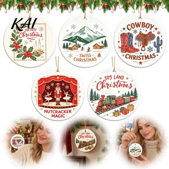 Festive Home Decor Ceramic Christmas Ornament, 2D Double Sided Cowboy/Nutcracker/Holy Berry Hanging Holiday Window Decorations Ornament for