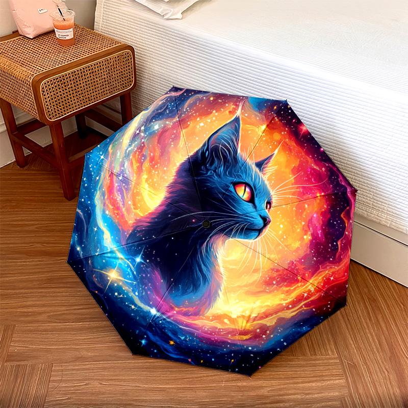 1 PC Automatic Folding Umbrella - Cosmic Cat Pattern, Portable & Foldable Design with 8 Ribs, Christmas Birthday Gifts