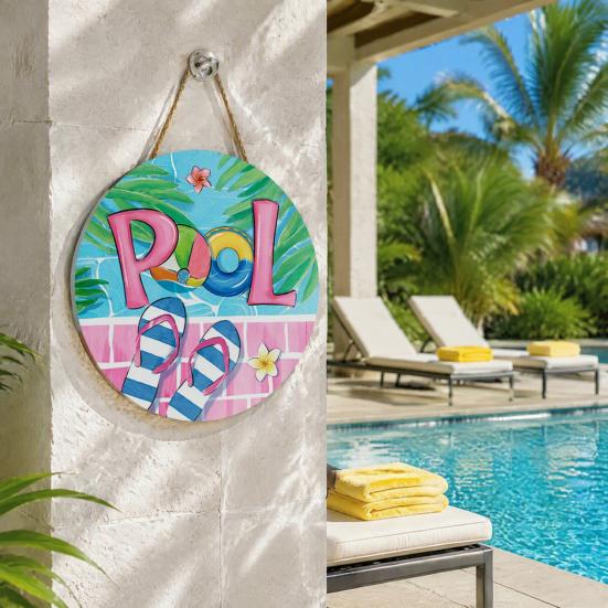 Swimming Pool Sign Summer Wooden Hanging Sign, Weather Resistant Solid Wood Plaque with Outdoor Wall Art Hemp Rope for Beach Party And Decoration
