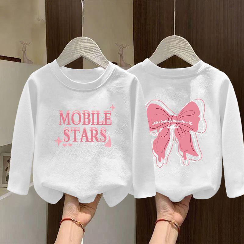 2025 New Girls' Pure Cotton White Base Layer Long Sleeve T-shirt for Spring & Autumn - Medium & Large Kids