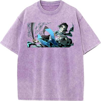 Kaigaku Graphic Washed T Shirt Demon Slayer Anime Tee Men Oversized Cotton Tshirts Harajuku Male Short-sleeve Vintage T-shirt