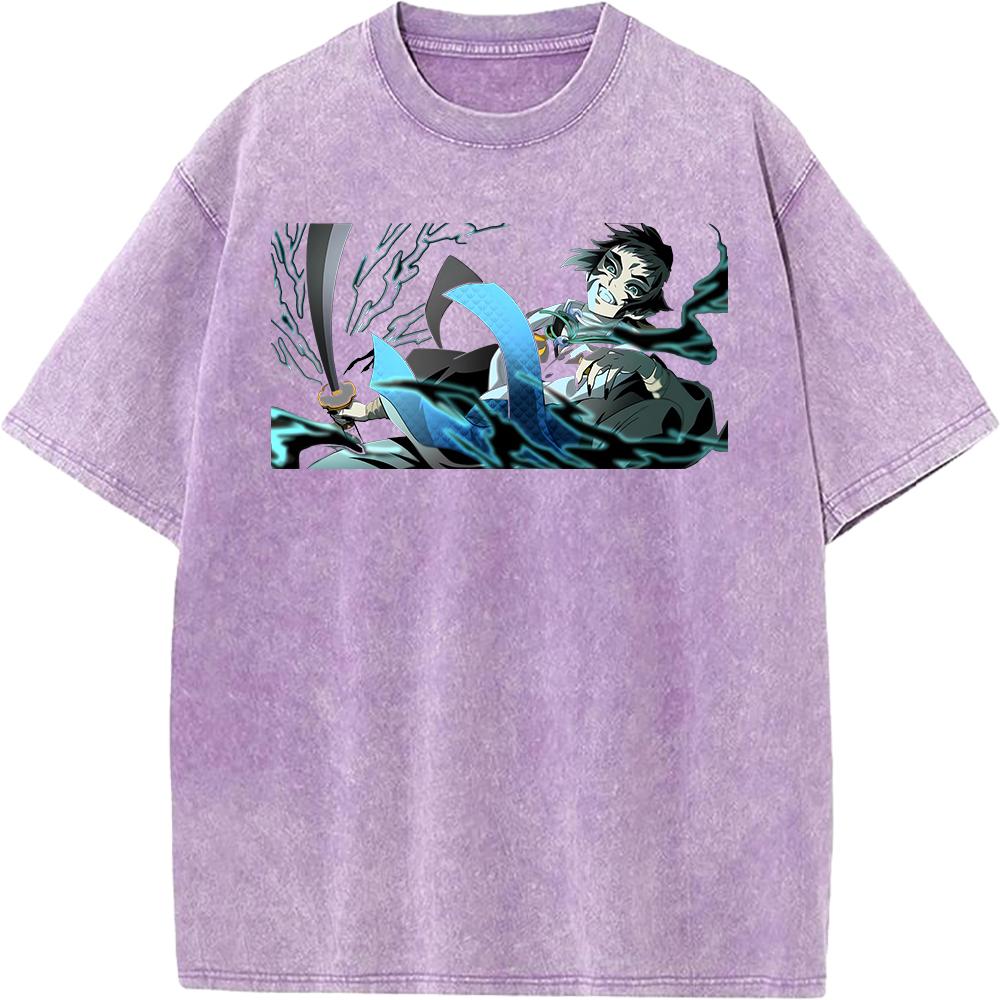 Kaigaku Graphic Washed T Shirt Demon Slayer Anime Tee Men Oversized Cotton Tshirts Harajuku Male Short-sleeve Vintage T-shirt