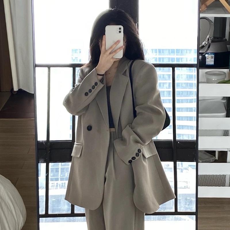 Women's Gray Blazer Jacket and Pants Two-Piece Set for Early Autumn 2025 - Petite Casual Suit