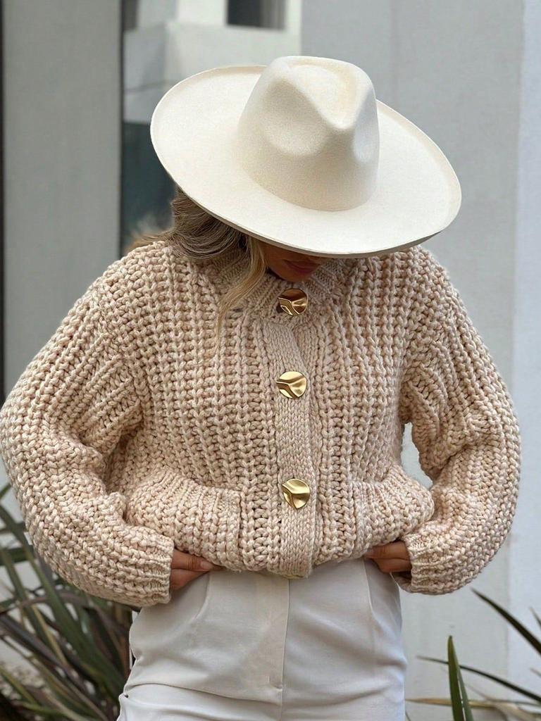 European & American Style Women's Chunky Knit Cardigan with French Niche Double Pocket Design
