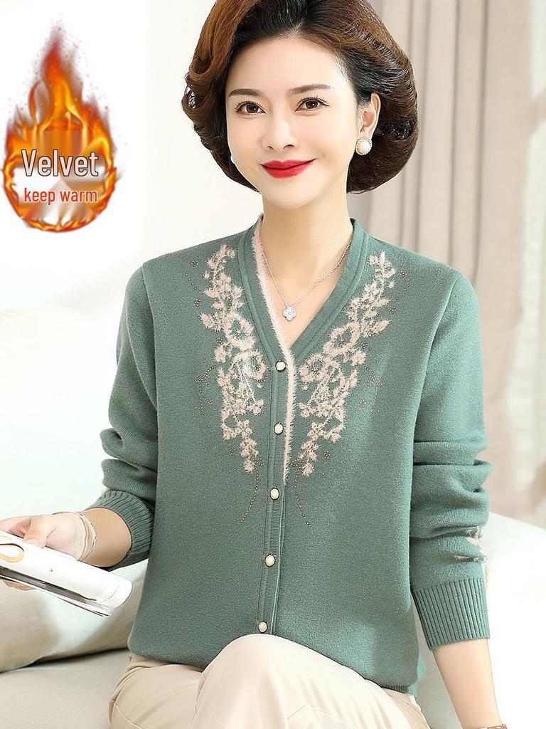 Stilvoller Winter-Samtcardigan mit V-Ausschnitt für Mütter – Modischer Pullover für Frauen mittleren und höheren Alters