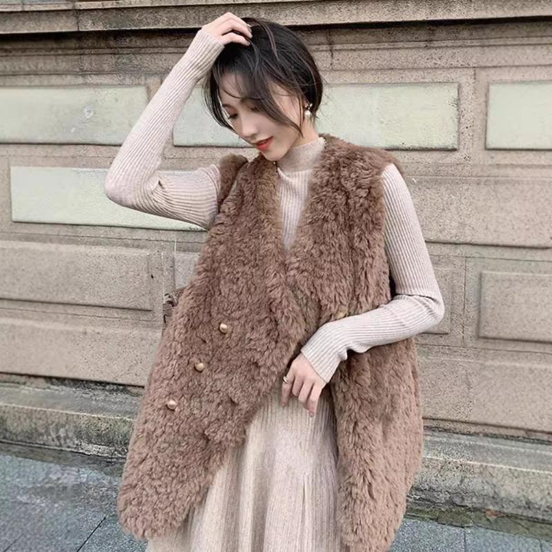 Lamb wool imitation fur vest autumn and winter women's new medium and long lamb wool vest jacket